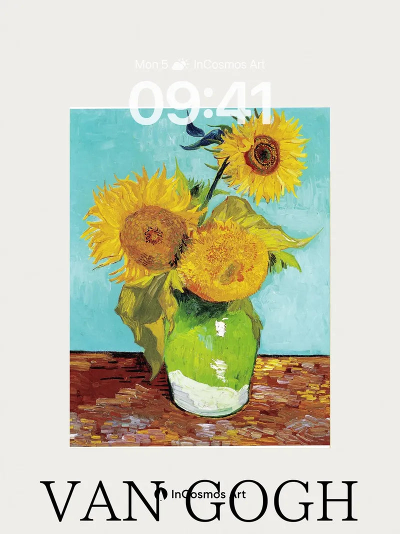 Turquoise Reverie Sunflower Wallpaper with Van Gogh's Brush