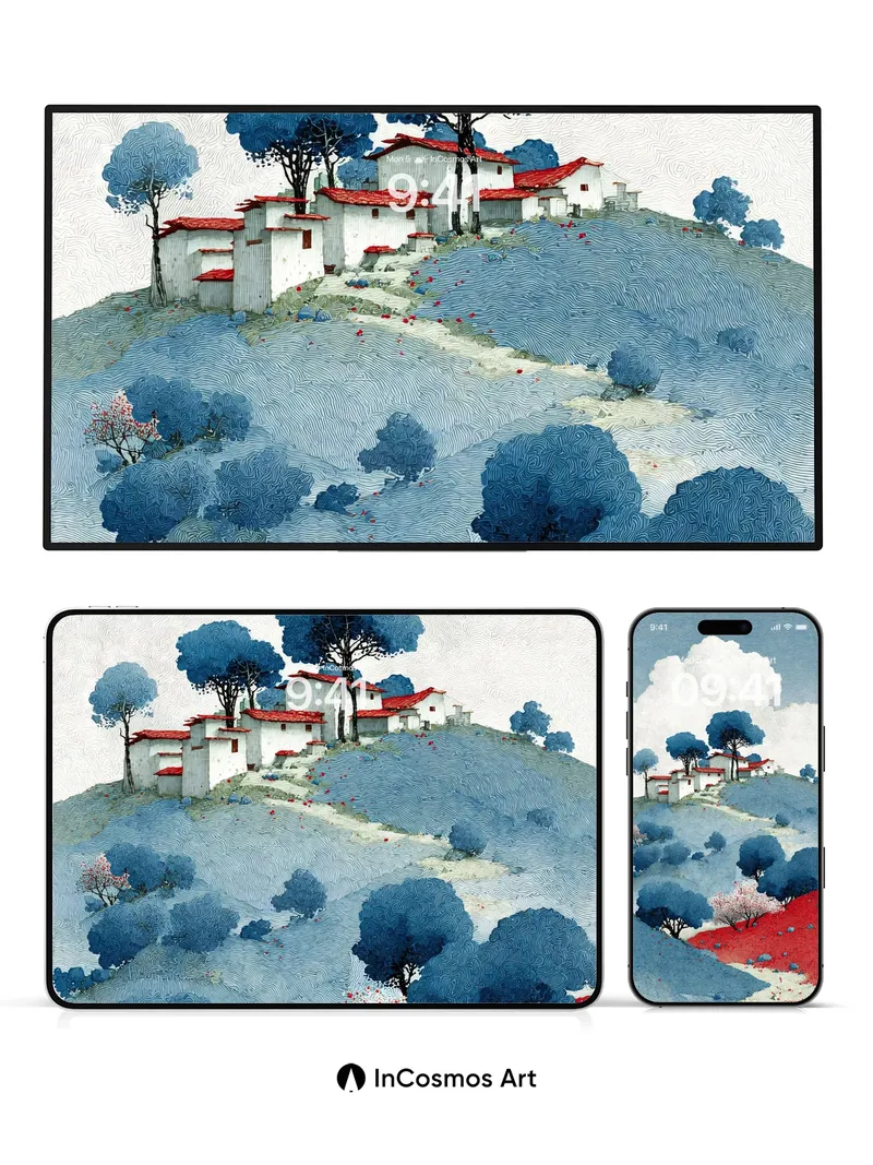 Cobalt Hillside Wallpaper with Cherry Bloom Trails