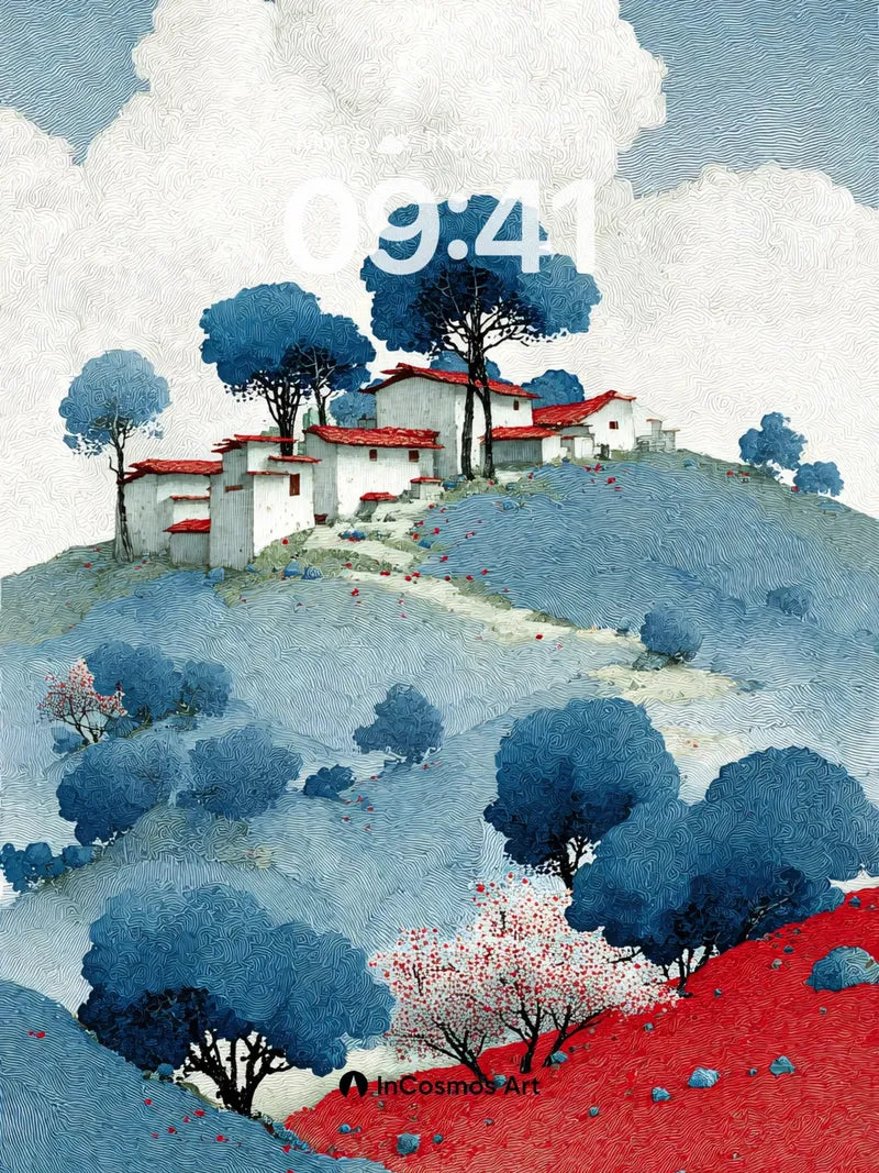 Cobalt Hillside Wallpaper with Cherry Bloom Trails