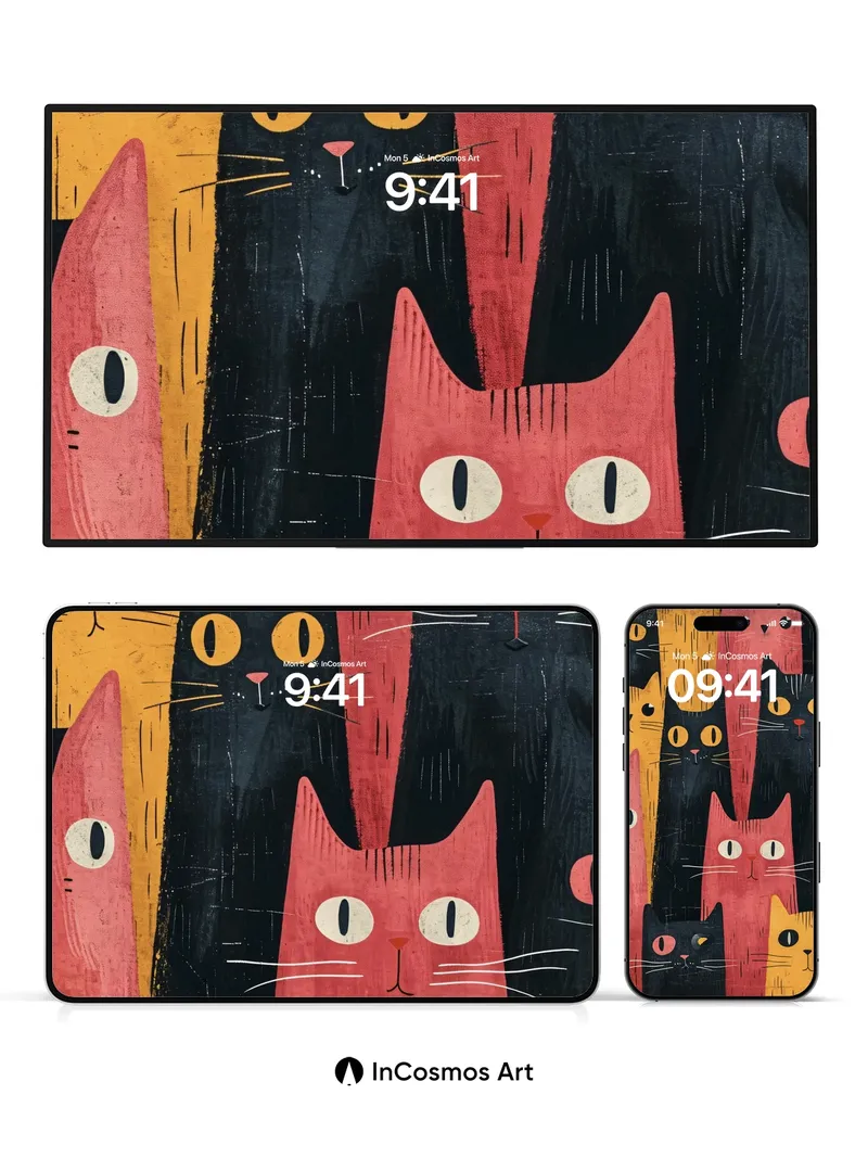 Whimsical Cat Parade Wallpaper with Bold Stripes