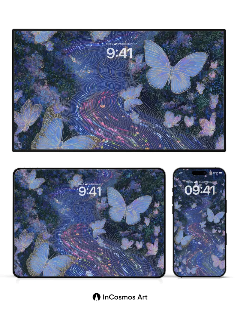 Luminous River Wallpaper with Fluttering Butterflies