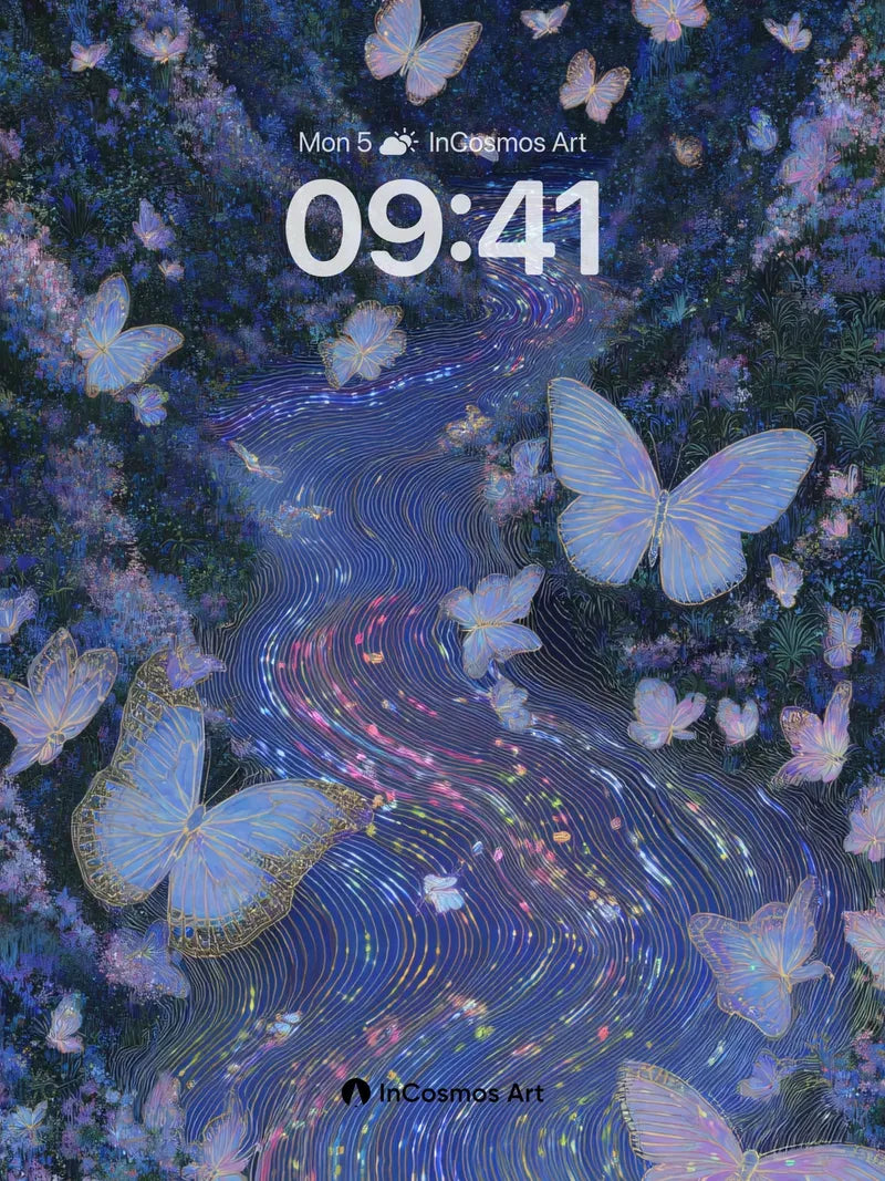 Luminous River Wallpaper with Fluttering Butterflies
