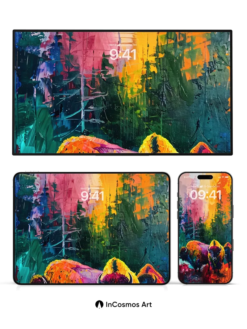 Electric Bison Wallpaper with Painted Forest