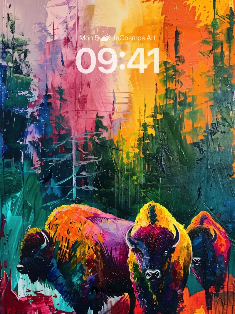 Electric Bison Wallpaper with Painted Forest