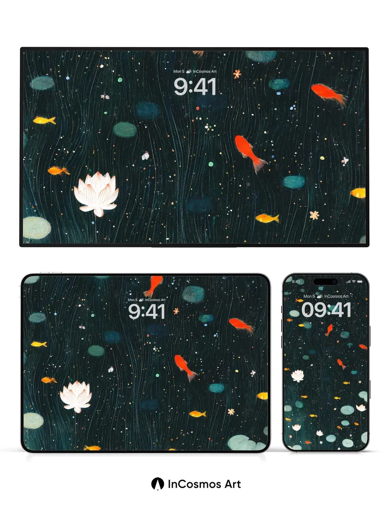 Nocturnal Pond Wallpaper with Floating Light