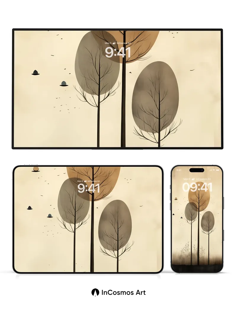 Whispering Canopy Wallpaper with Floating Orbs