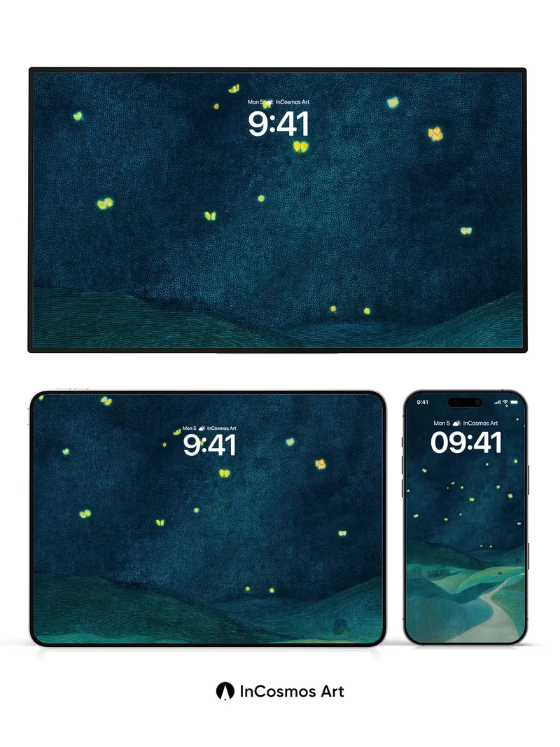 Whispering Night Wallpaper with Floating Fireflies