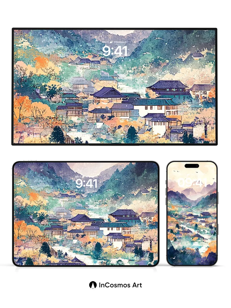 Serene Mountain Village Wallpaper with Autumn Hues