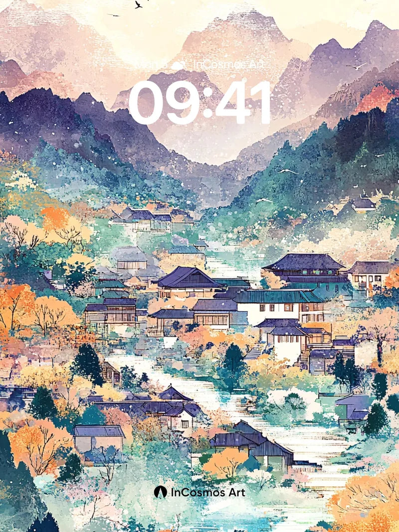 Serene Mountain Village Wallpaper with Autumn Hues