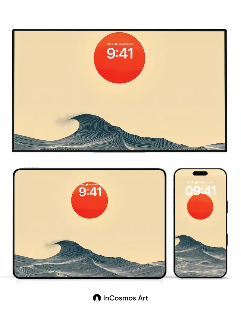 Serenity Wave Wallpaper with Crimson Sun