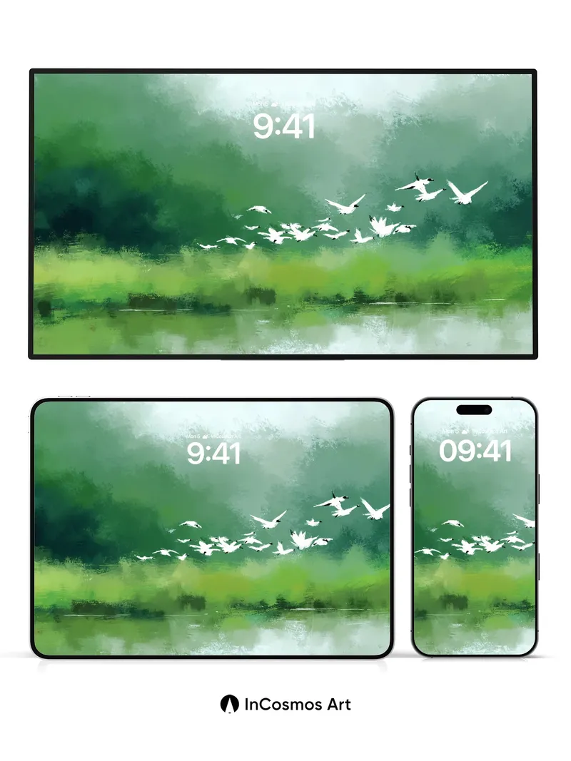 Serene Flight Wallpaper with Misty Green Hues