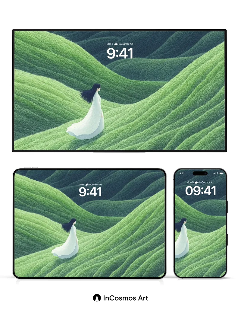 Serenity in Green Waves Wallpaper with Floating Grace