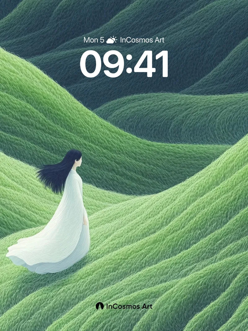 Serenity in Green Waves Wallpaper with Floating Grace