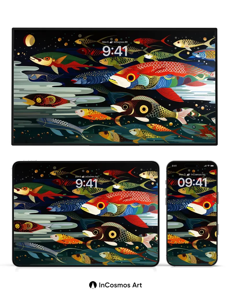 Luminous Koi Wallpaper with Cosmic Currents