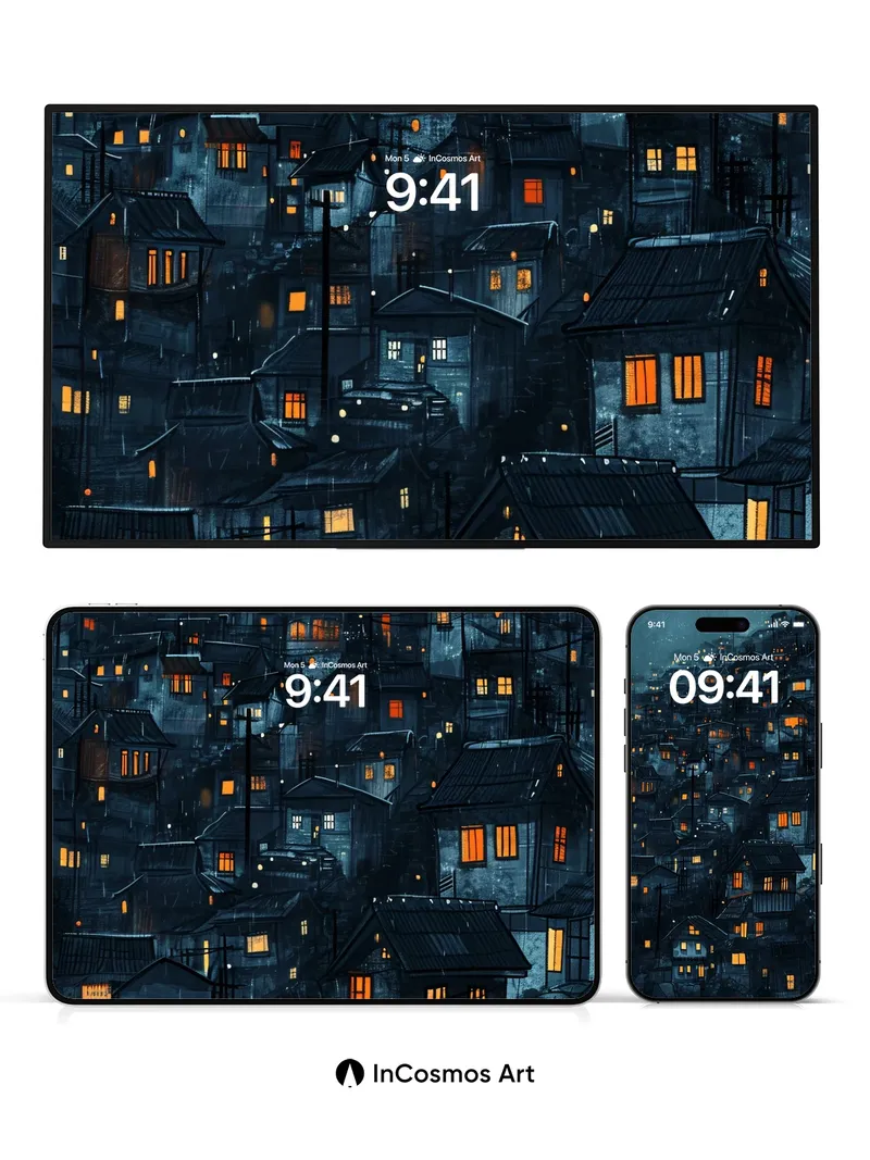 Rain-Washed Rooftops Wallpaper with Golden Windows