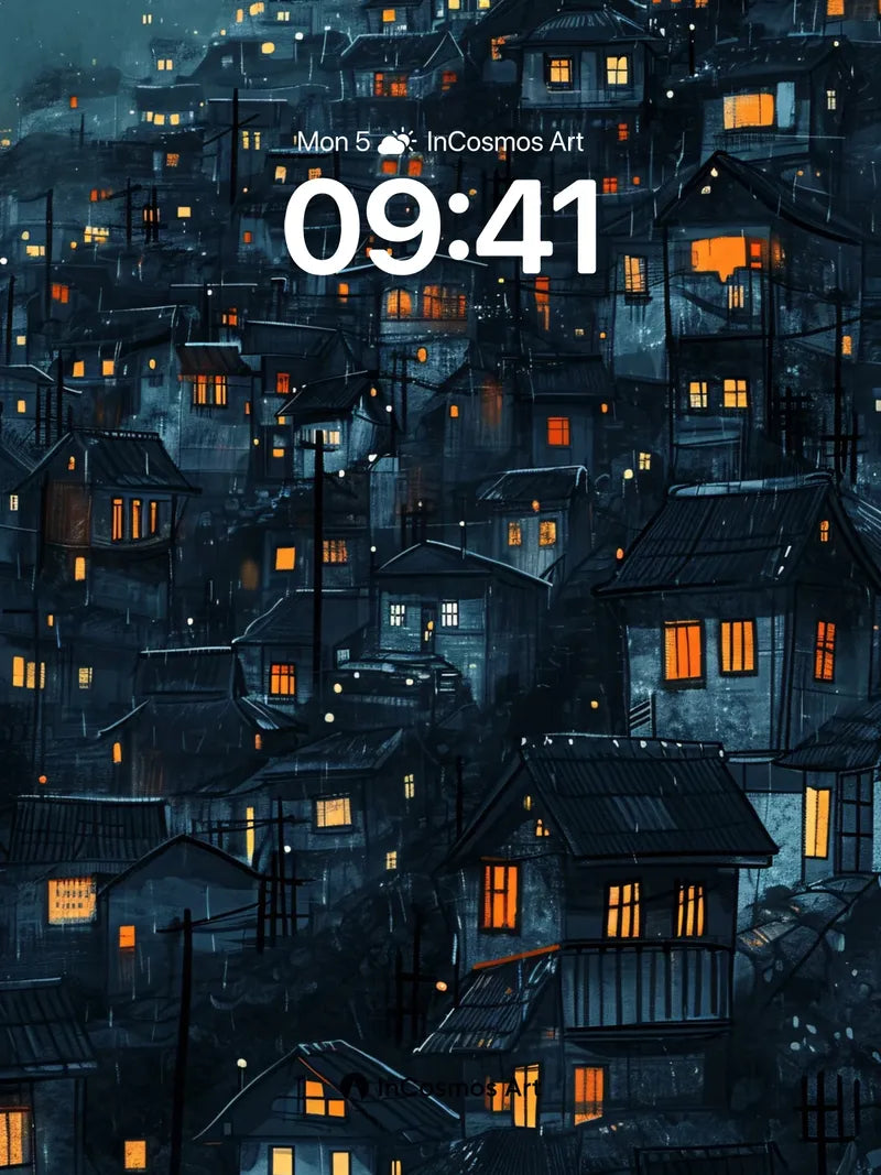 Rain-Washed Rooftops Wallpaper with Golden Windows