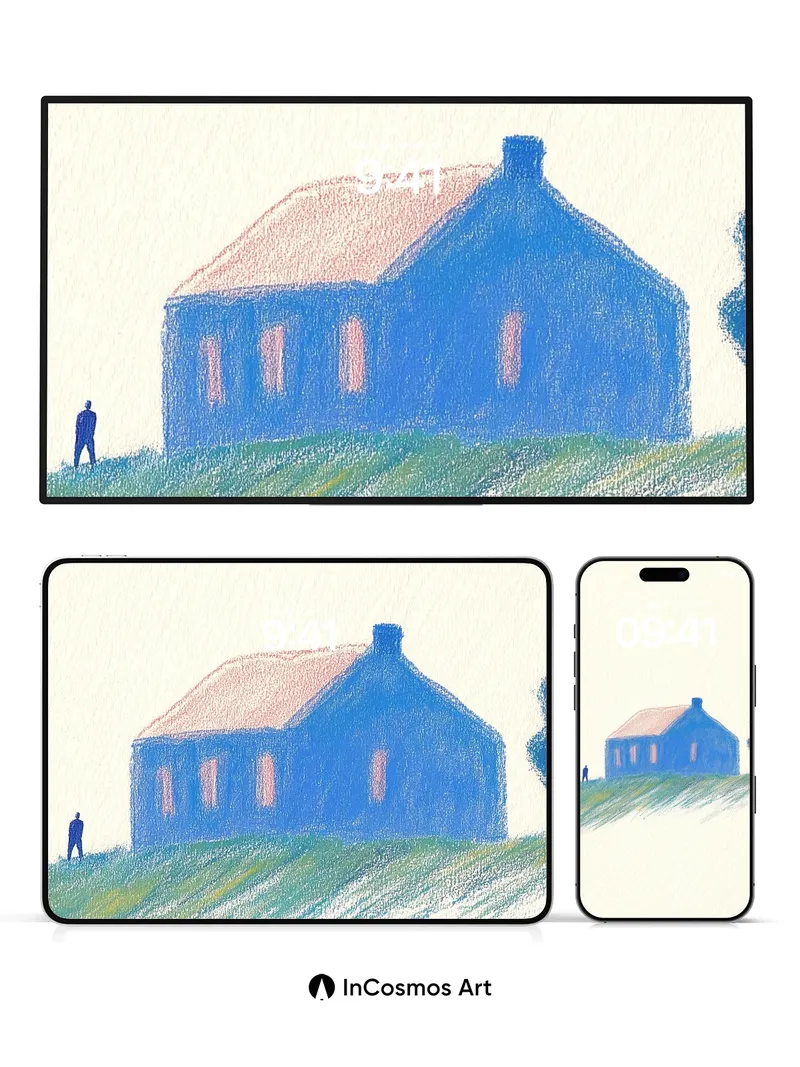 Solitary Blue House Wallpaper with Hushed Hills