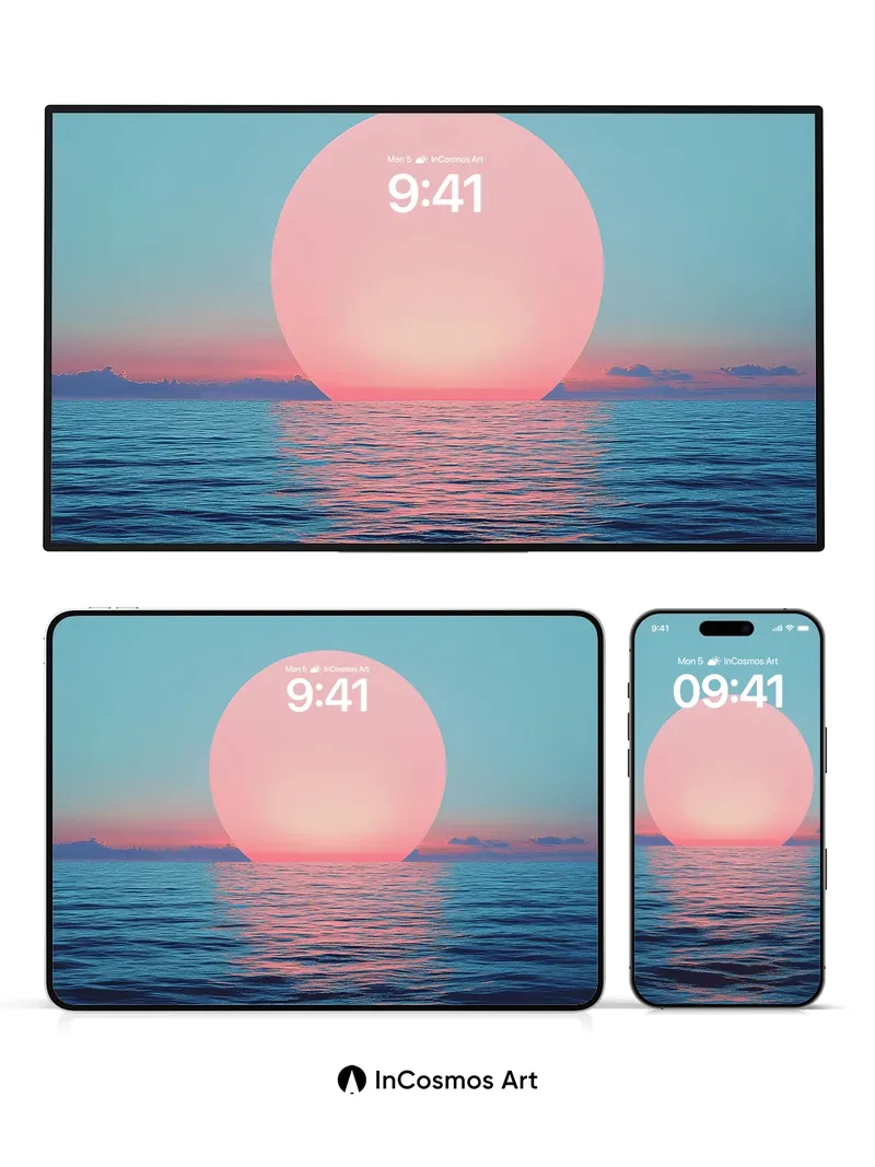 Serene Horizon Wallpaper with Pink Sun Disc