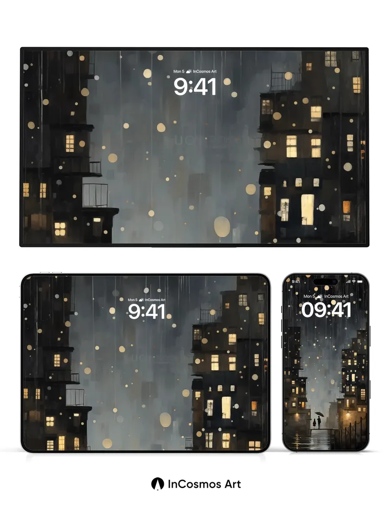Nocturnal Rainfall Wallpaper with Floating Lights