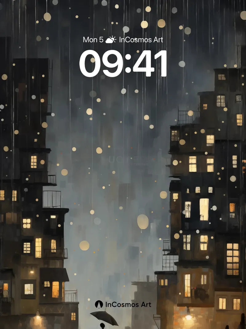Nocturnal Rainfall Wallpaper with Floating Lights