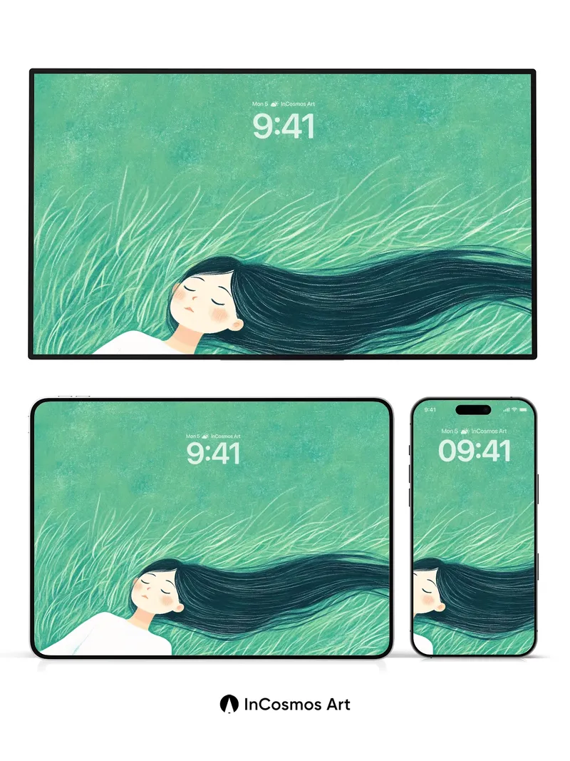 Serenity in Grass Wallpaper with Floating Hair