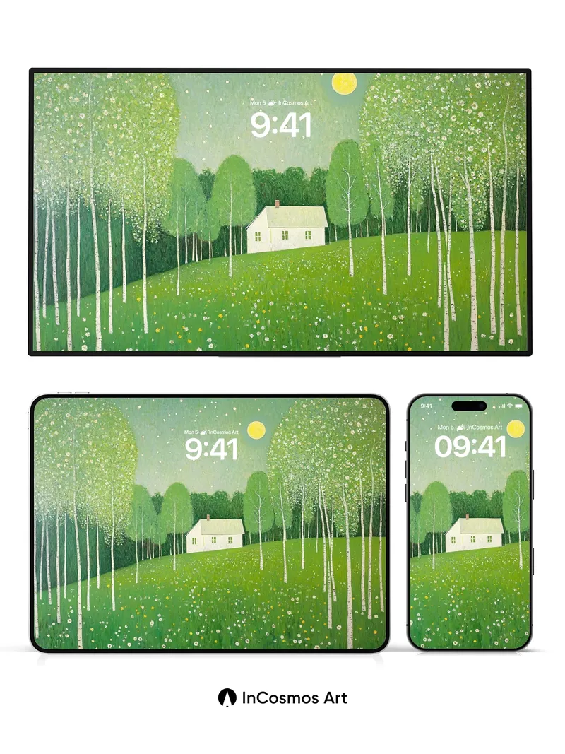 Whispering Birch Wallpaper with Moonlit Meadow