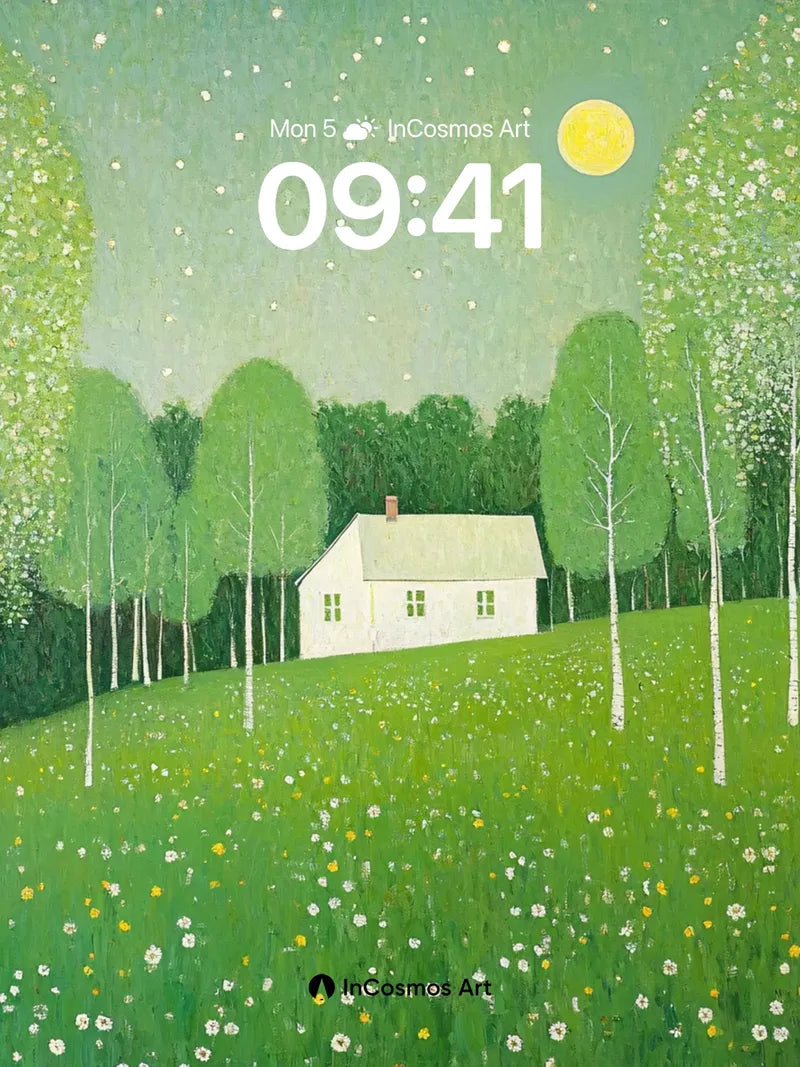 Whispering Birch Wallpaper with Moonlit Meadow