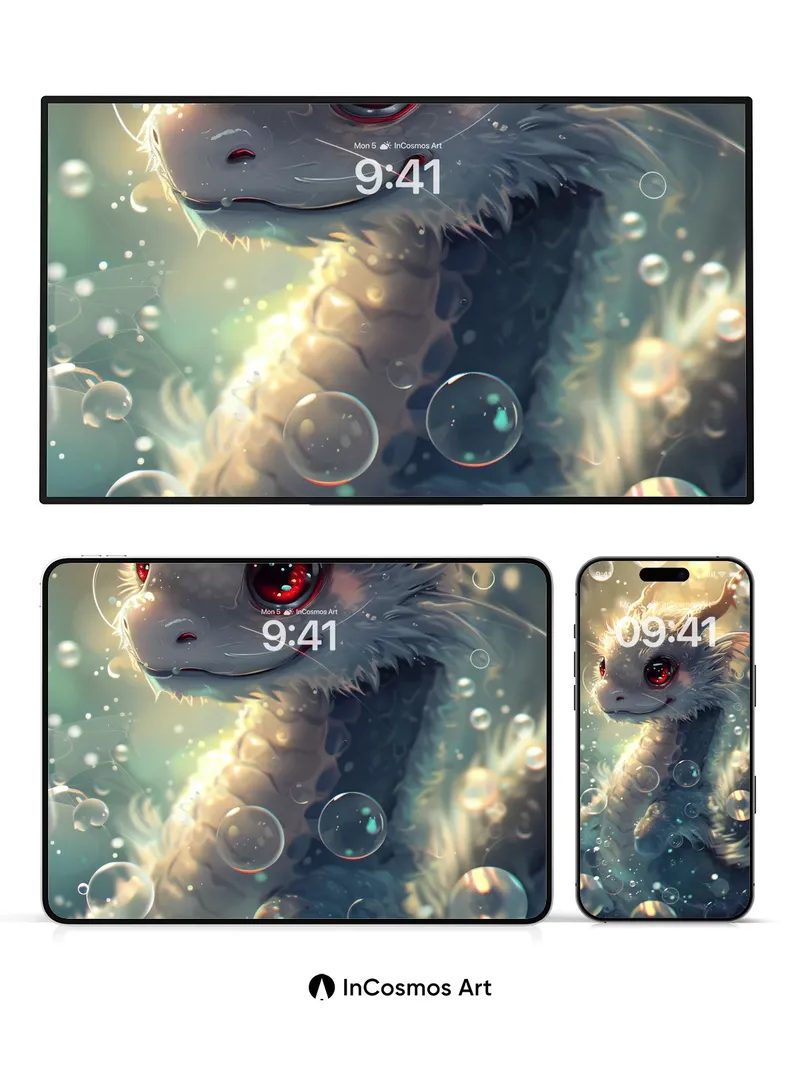 Luminous Dragonling Wallpaper with Floating Bubbles