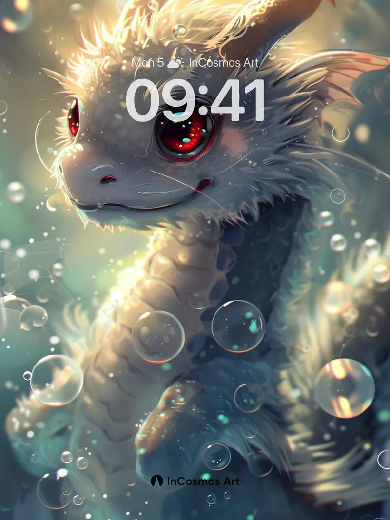 Luminous Dragonling Wallpaper with Floating Bubbles