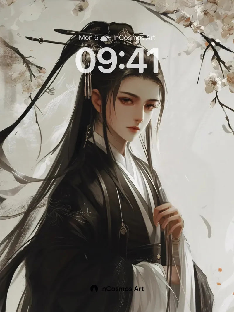 Serene Ink Portrait Wallpaper with Cherry Blossom Drift wallpaper for iPhone, iPad & Mac