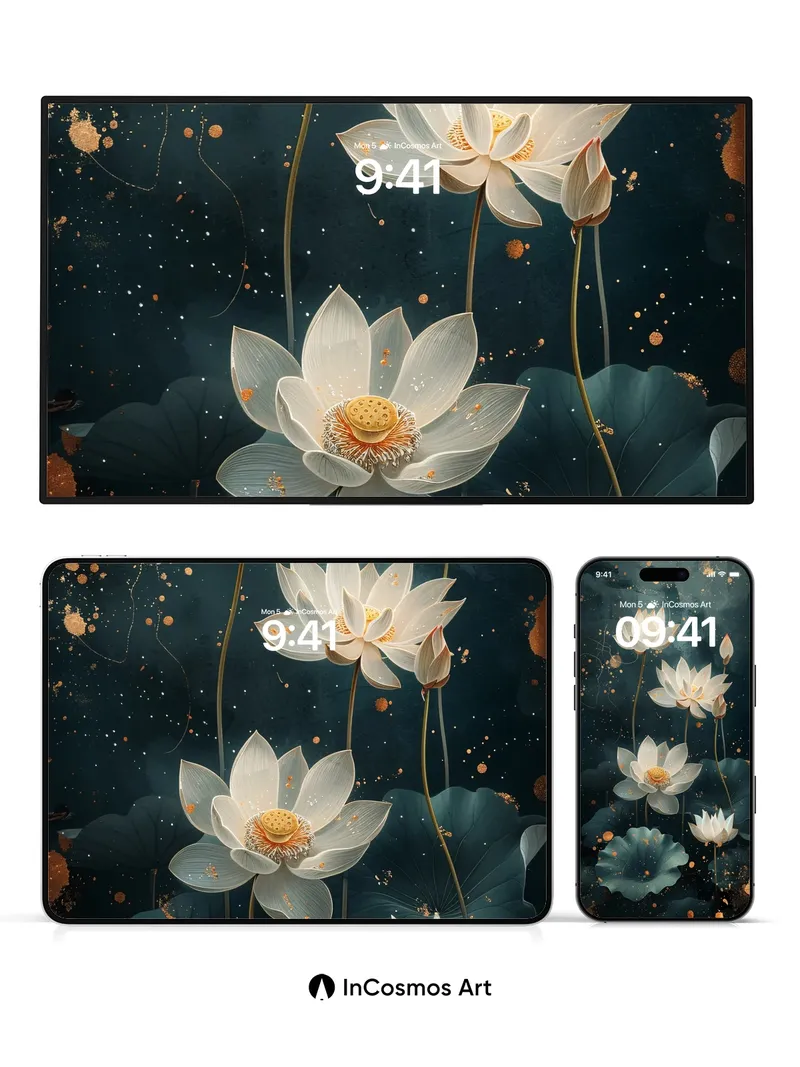 Luminous Lotus Wallpaper with Golden Dust