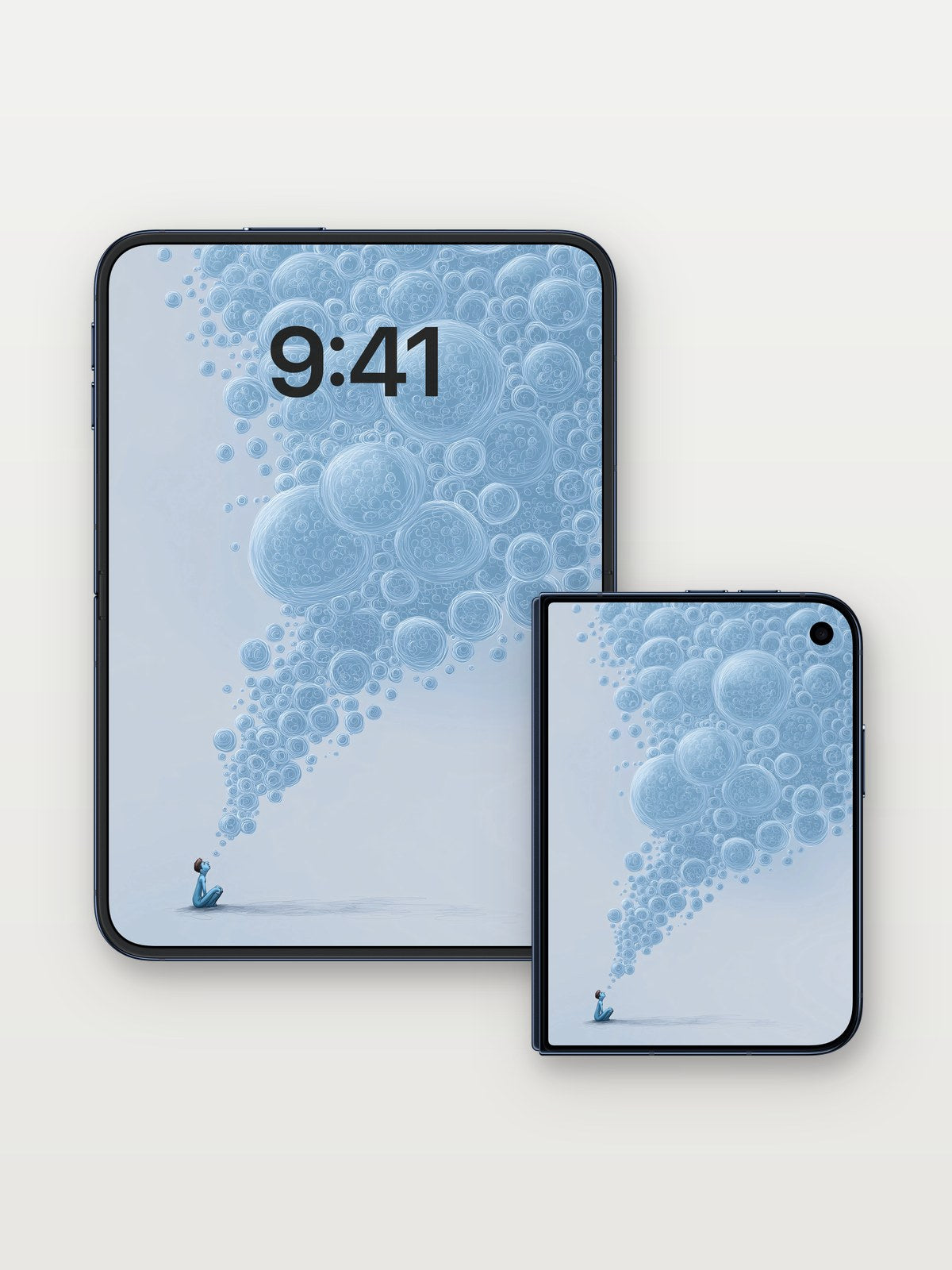Serenity Bubble Wallpaper with Celestial Breath on iPhone Duo, open and closed