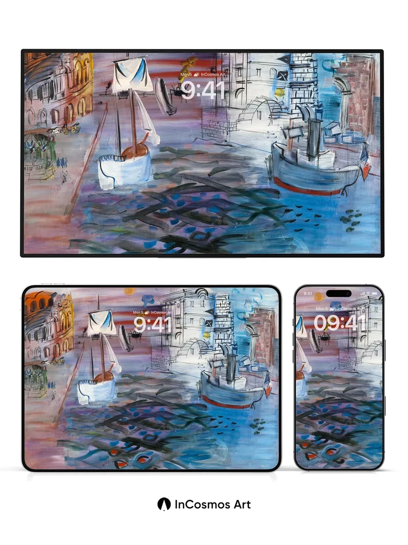 Surreal Harbor Wallpaper with Floating Vessels