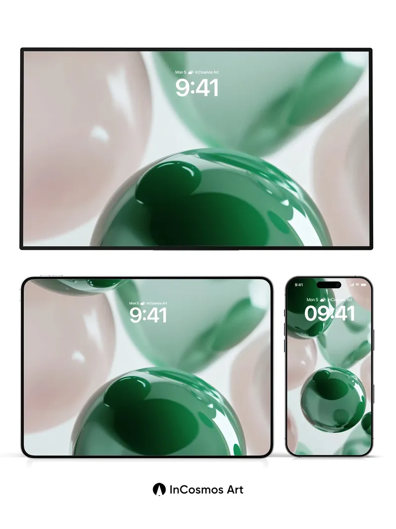 Emerald Hush Wallpaper with Floating Glass Spheres