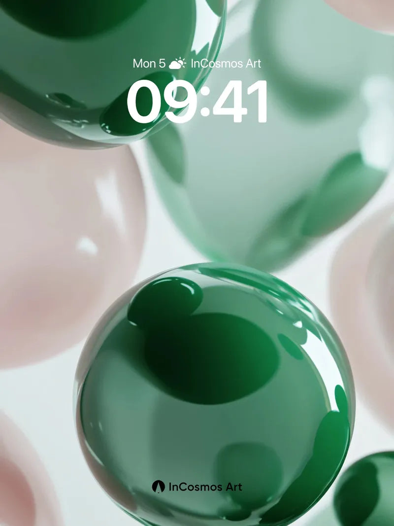 Emerald Hush Wallpaper with Floating Glass Spheres