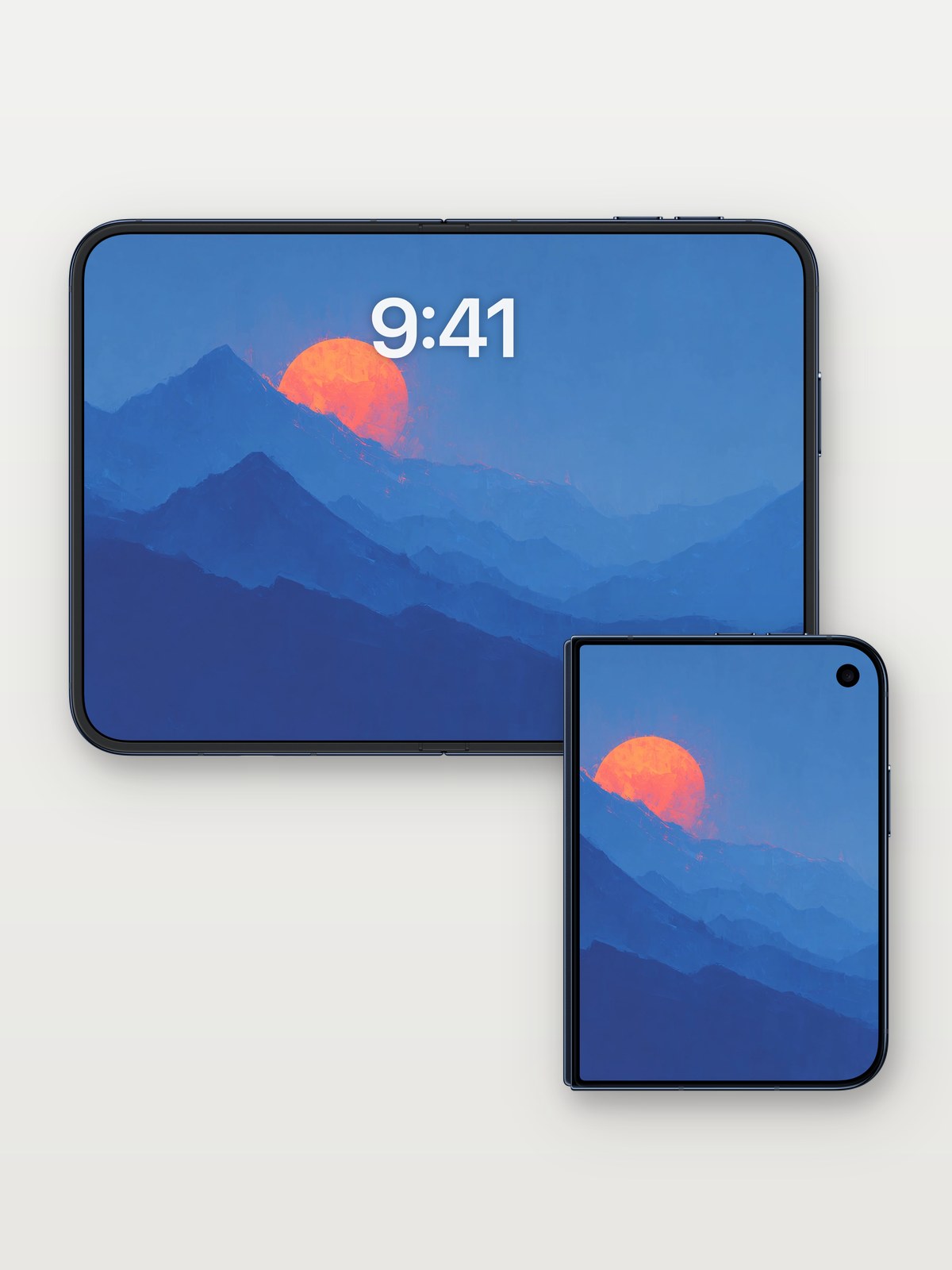 Serene Crimson Sun Wallpaper with Misty Gradient on iPhone Duo, open and closed