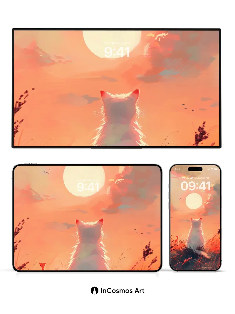 Serene Sunset Wallpaper with White Fox Silhouette