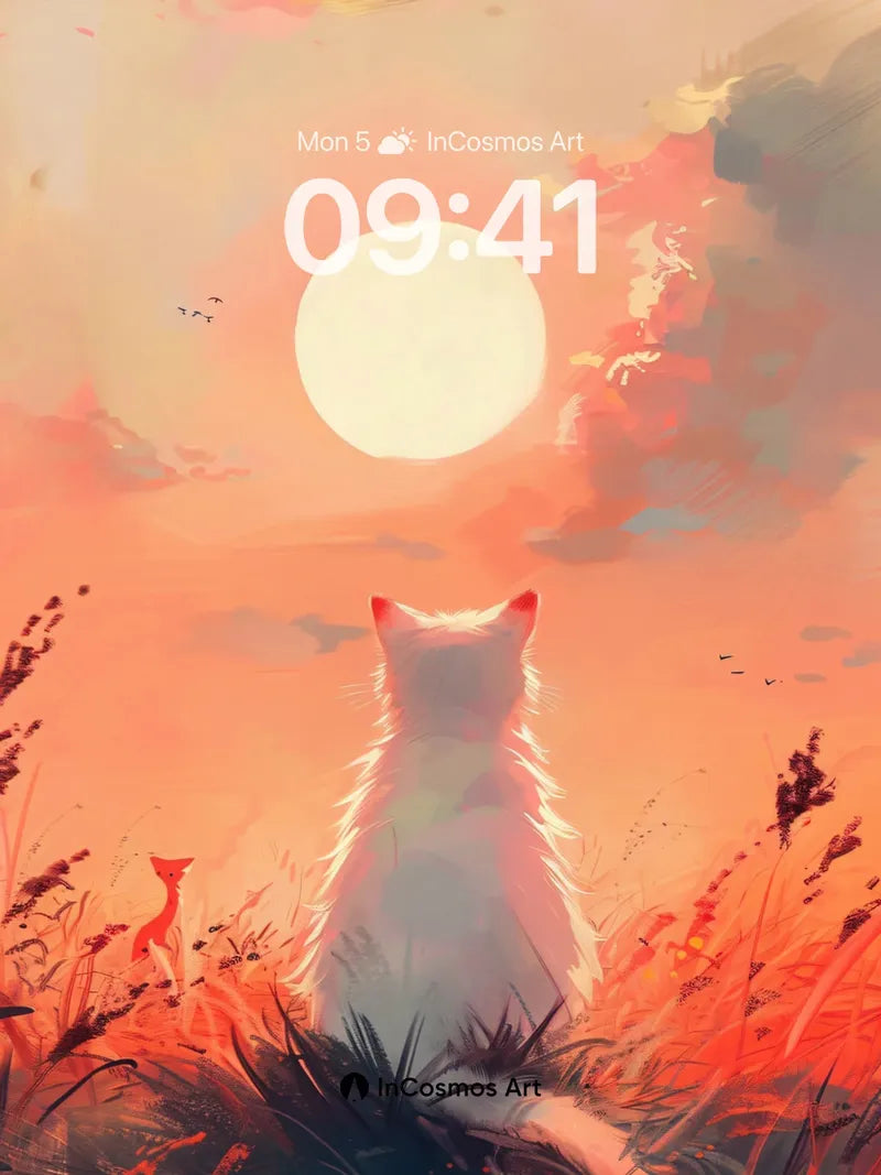 Serene Sunset Wallpaper with White Fox Silhouette
