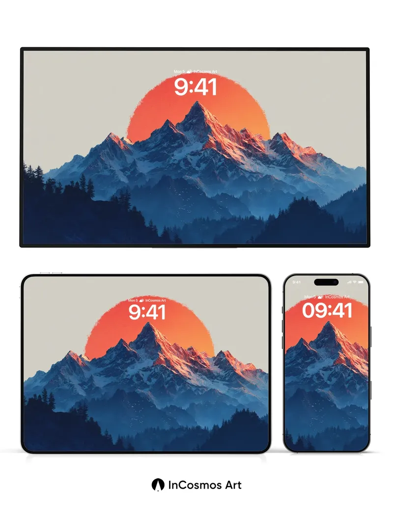 Crimson Horizon Wallpaper with Snow-Crowned Peaks