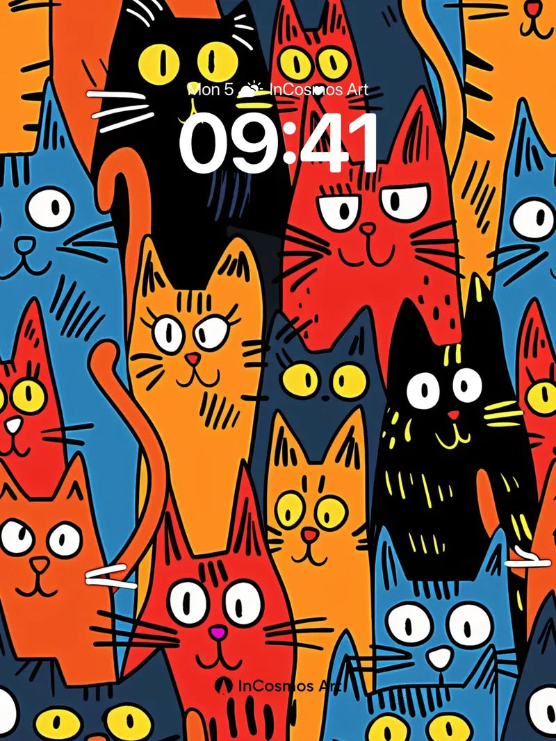 Playful Feline Parade Wallpaper with Whimsical Eyes wallpaper for iPhone, iPad & Mac