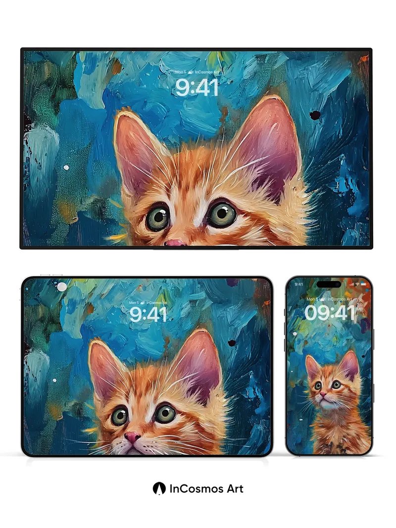 Whispering Orange Kitten Wallpaper with Cosmic Brushstrokes