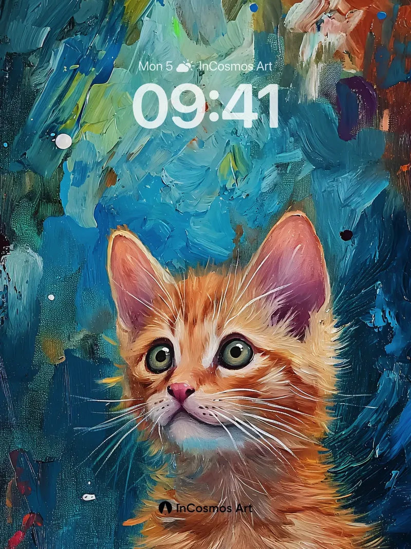 Whispering Orange Kitten Wallpaper with Cosmic Brushstrokes