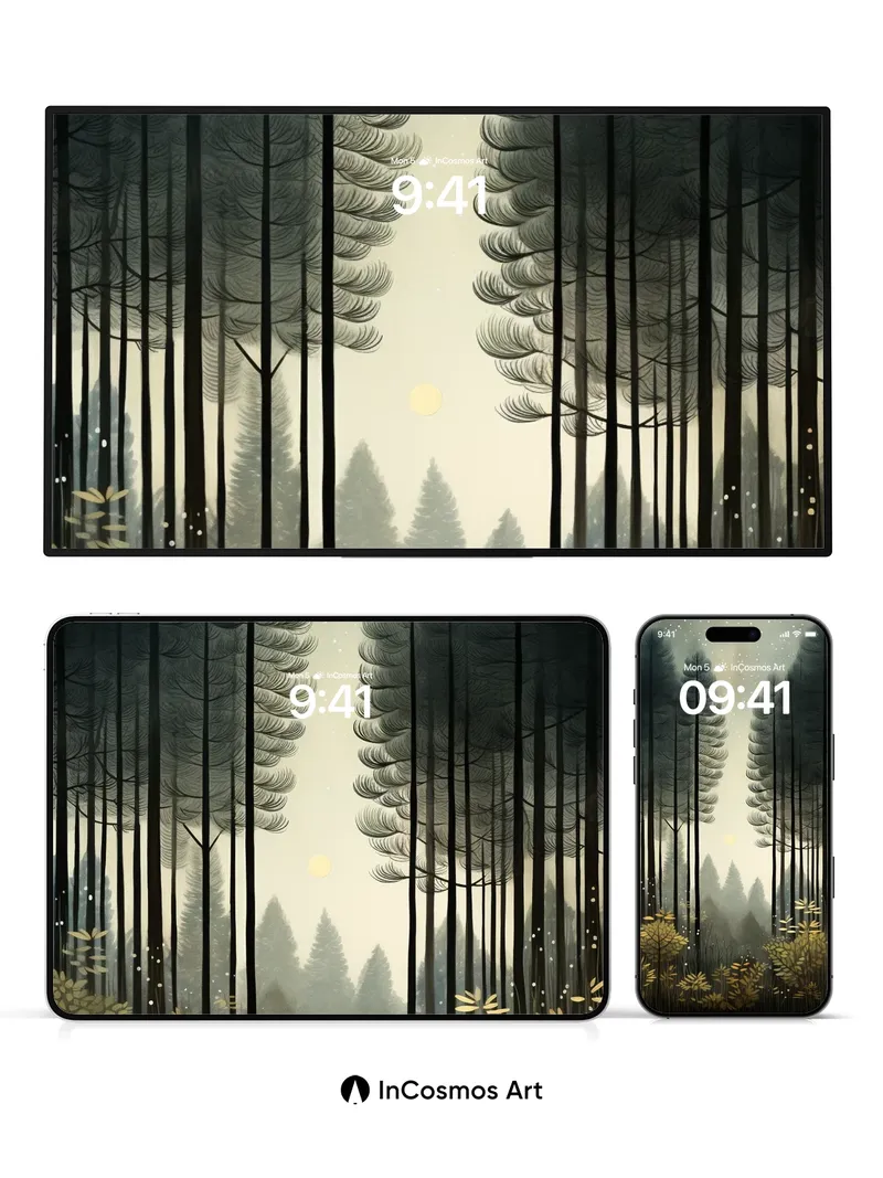 Misty Pine Silence Wallpaper with Floating Light