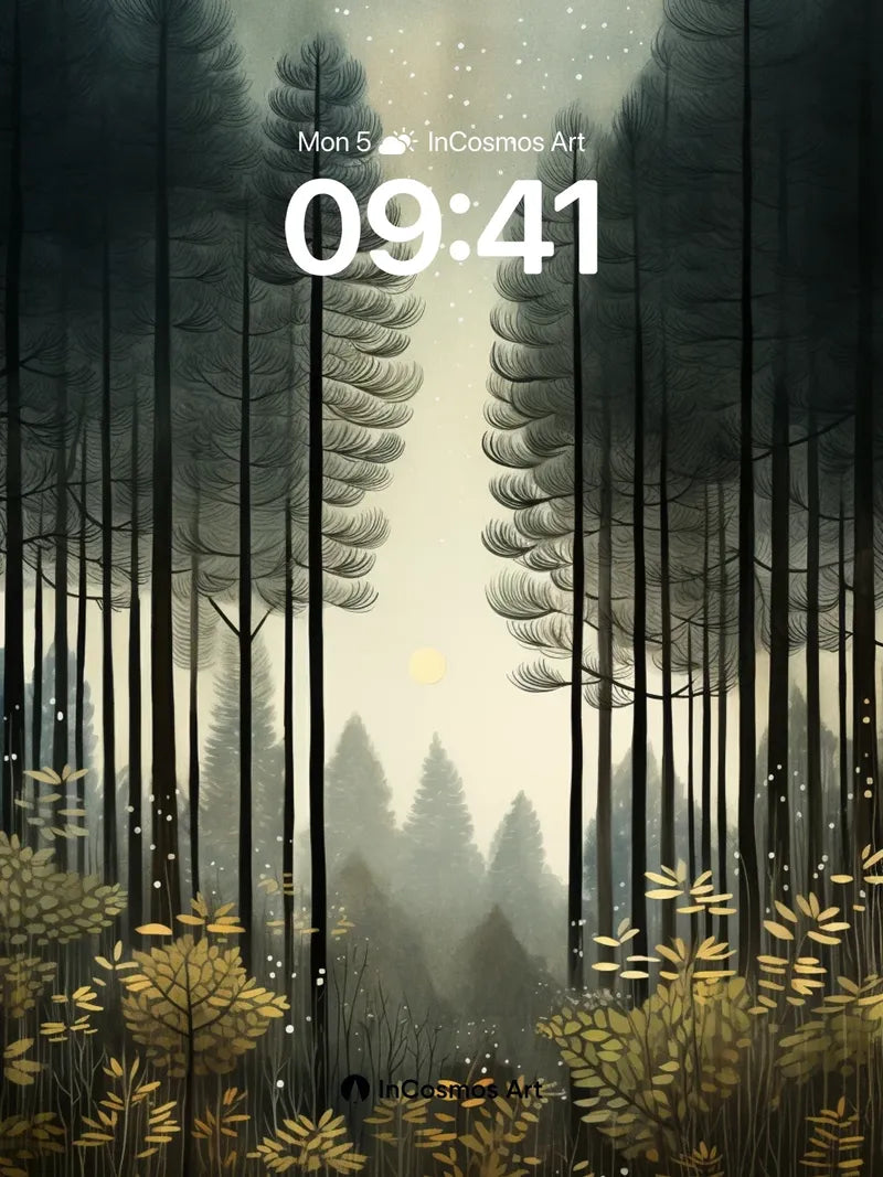 Misty Pine Silence Wallpaper with Floating Light