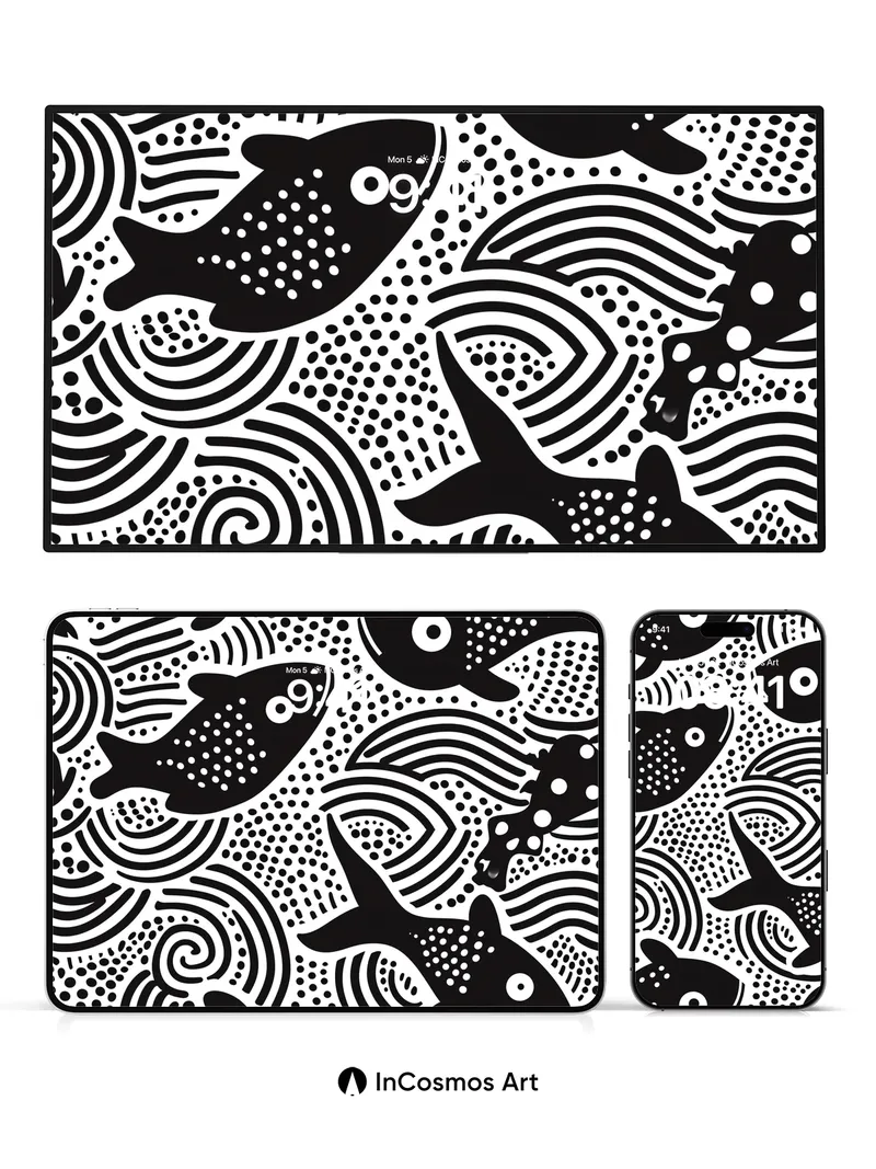 Swirling Fish Wallpaper with Polka Dot Patterns