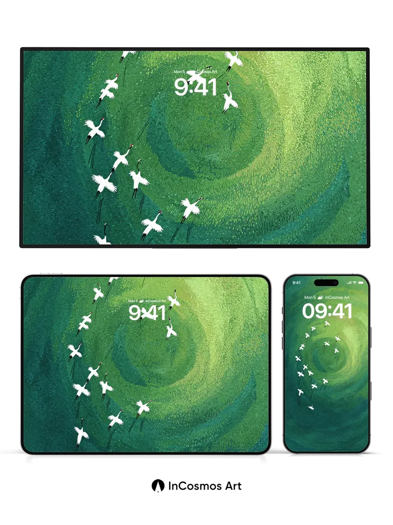 Spiral Flight Wallpaper with Graceful Crane Patterns