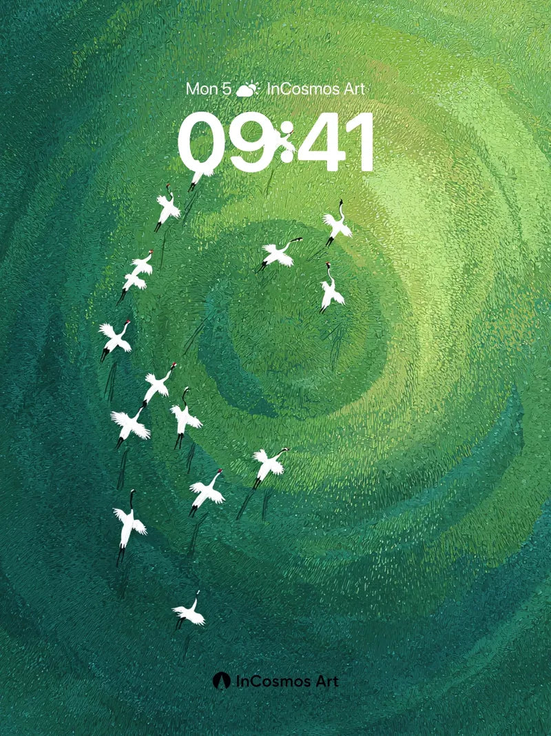 Spiral Flight Wallpaper with Graceful Crane Patterns