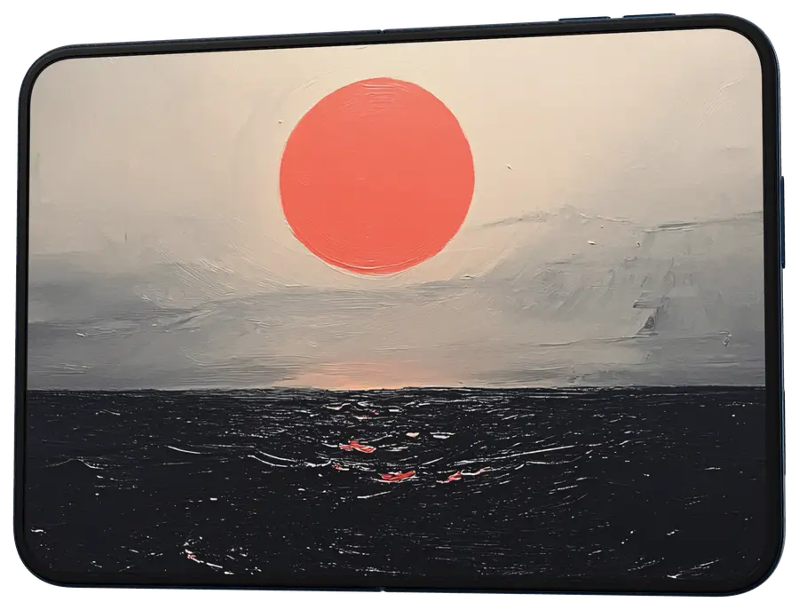 iPhone Duo open flat, Crimson Horizon sun-over-sea wallpaper across the inner display