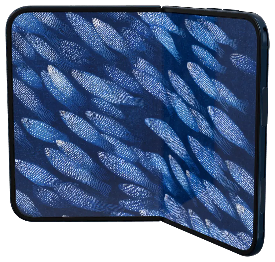iPhone Duo held like a book, Indigo Currents fish-swarm wallpaper crossing the fold