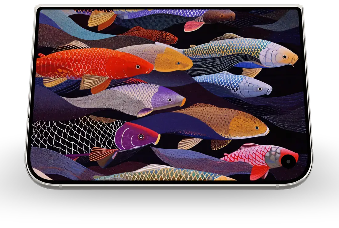 iPhone Duo in Star White standing like a tent on a desk, front view, Luminous Koi wallpaper on the cover screen